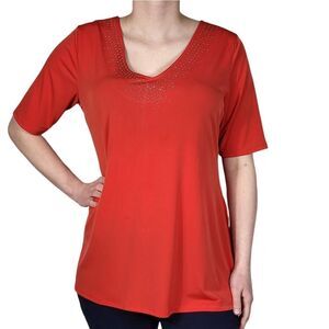 Notations Red Jewled V Neck Criss Cross Shirt